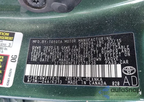 2015 Toyota Corolla Le z USA, uszkodzony, nr VIN 2T1BURHEXFC376236